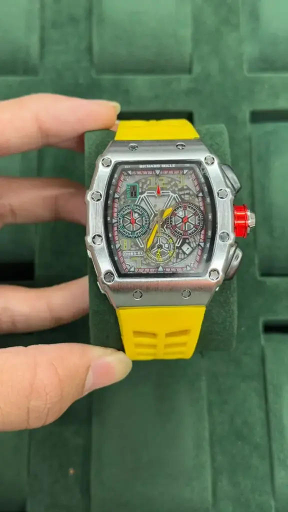 Richard Mille White Ceramic Skeleton Dial Watch with Yellow Strap