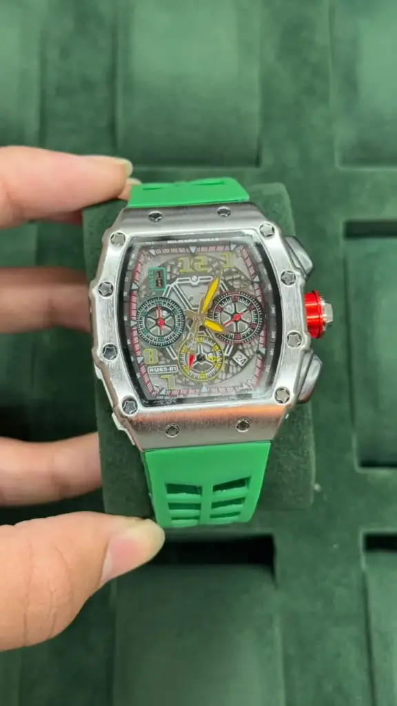 Richard Mille White Ceramic Skeleton Dial Watch with Green Strap
