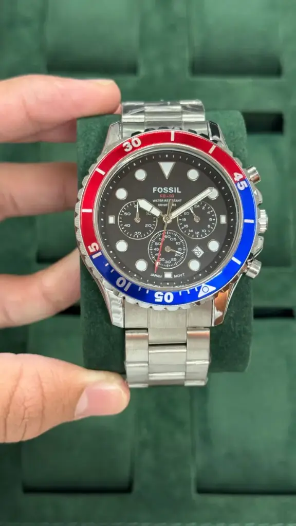 Fossil FB-03 Men’s Chronograph Watch – Stainless Steel with Pepsi Bezel (Red & Blue)