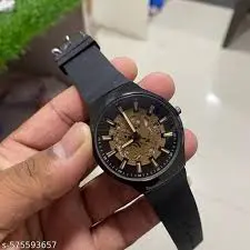 Stylish Black Analog Watch with Unique Golden Dial Design