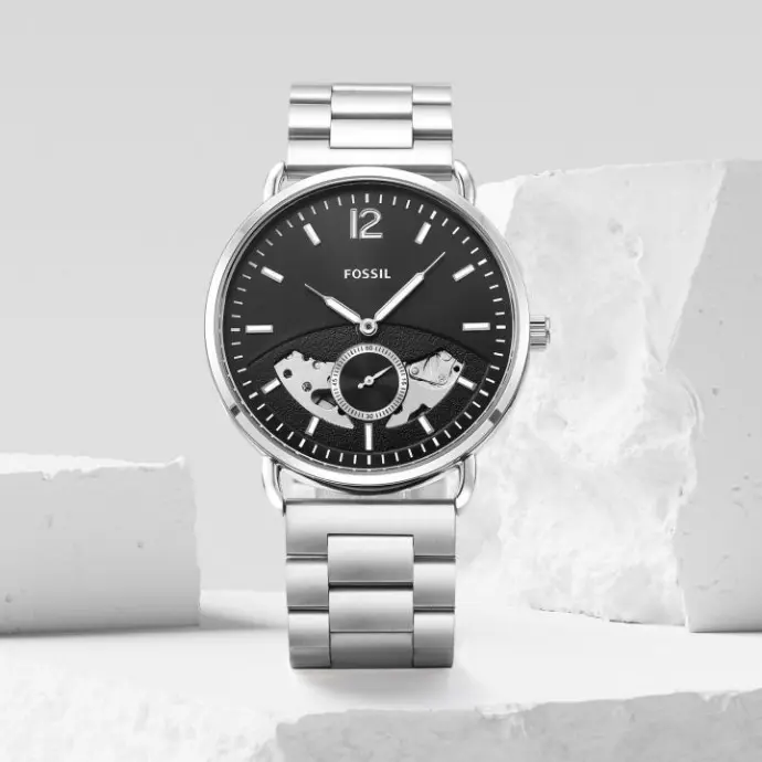 Fossil Men's Automatic Stainless Steel Watch – Silver Strap, Black Dial