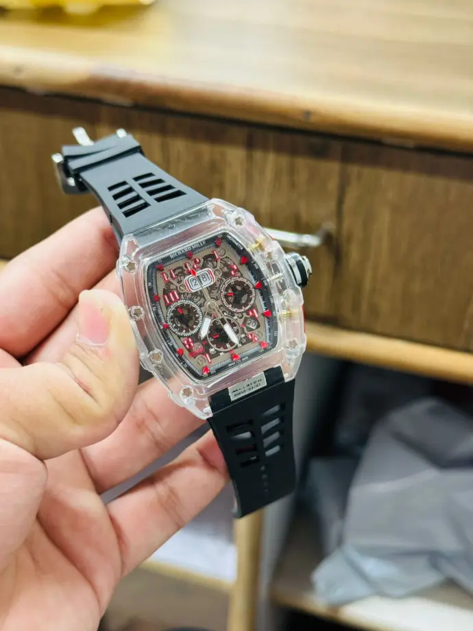 Richard Mille Skeleton Sports Watch – Transparent Case, Black Rubber Strap