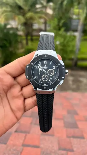 [fling(3)7] Luxury Hublot Chronograph Watch – Black Dial with Rubber Strap for Men