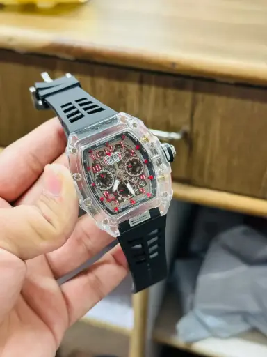 Richard Mille Skeleton Sports Watch – Transparent Case, Black Rubber Strap