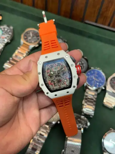 [fling3] Richard Mille White Ceramic Skeleton Dial Watch with Orange Strap